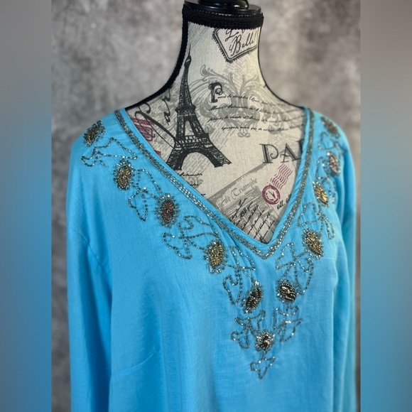 Tantrums Cotton Sky Blue Silver Beaded V- Neckline Long Sleeve Tunic Size 3X - Picture 3 of 11